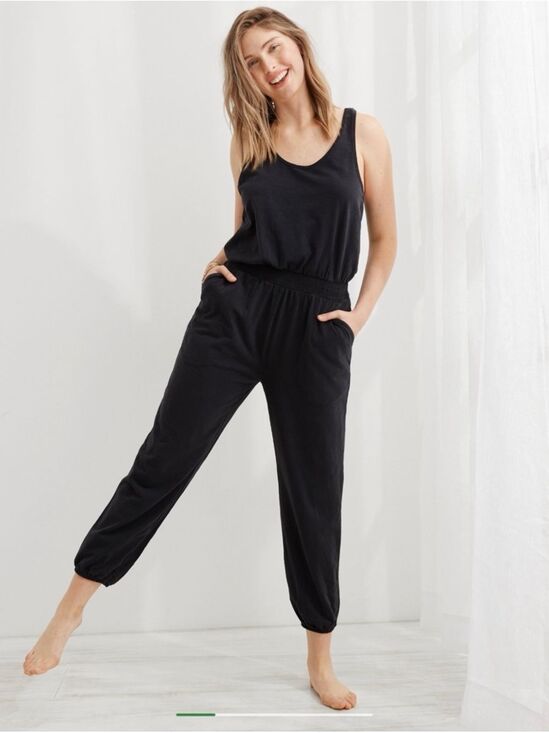 aerie Pants - Aerie Sleeveless Comfy Jogger Jumpsuit Medium Strapless Black Pockets Cotton